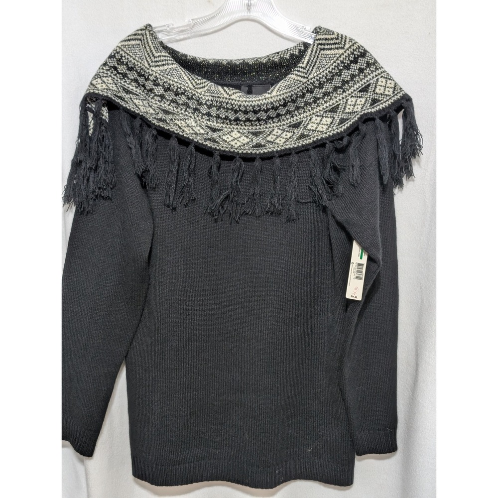 New Directions Womens Large Black Fair Isle Fringe Collar Metallic Knit Sweater